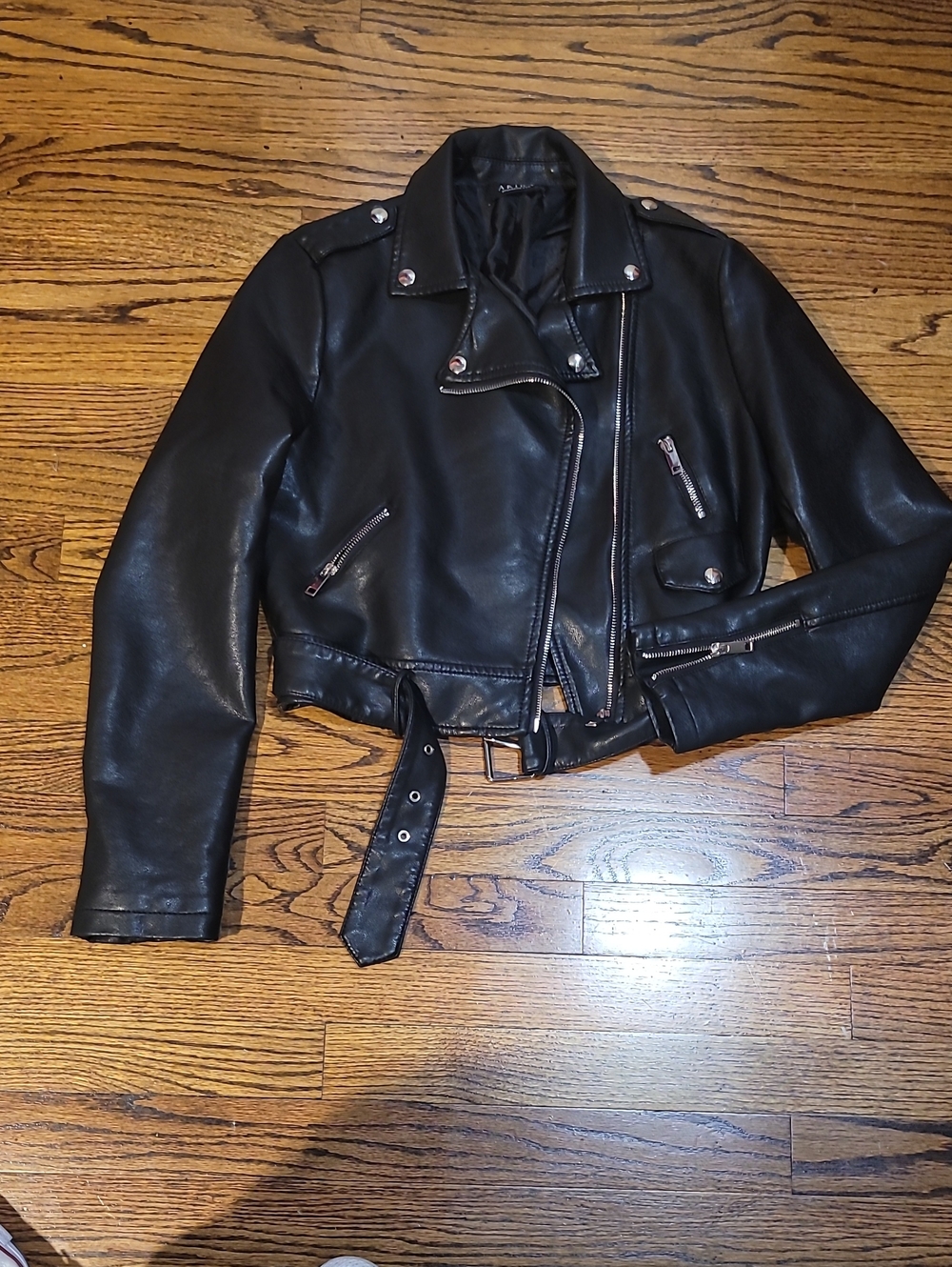 AKIRA Black Faux Leather Cropped Moto Bomber Jacket